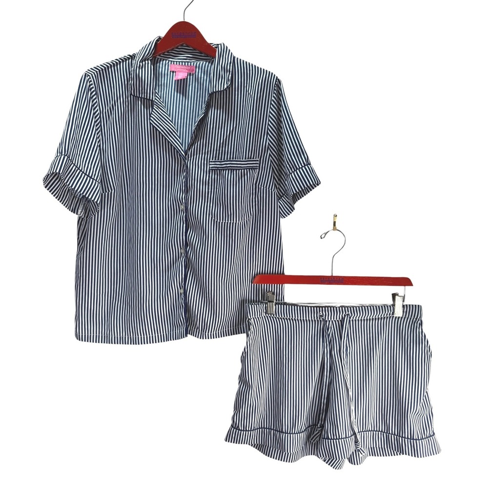 Isaac Mizrahi Sleepwear Set Womens M Navy Striped Short Sleeve Button Up Shorts